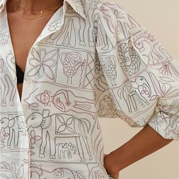 NWT Magali Pascal Anthropologie Puff Sleeve Buttondown Sz L - Picture 2 of 13